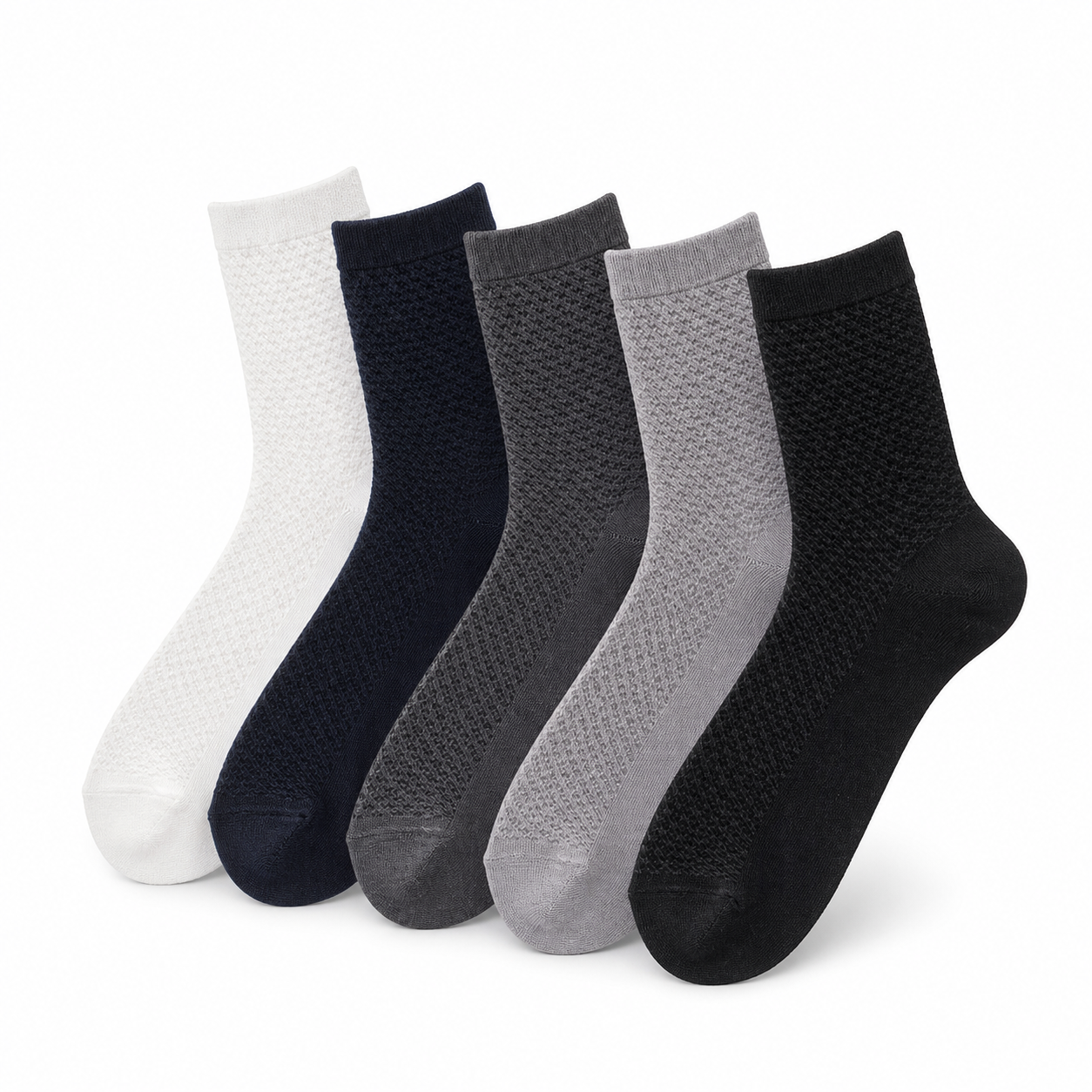 Five-pack of men's comfort socks in white, navy blue, dark gray, light gray and black