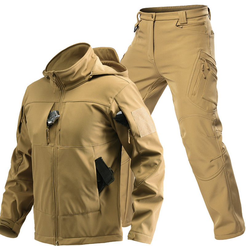 Men's khaki softshell jacket and matching utility trousers set, front product view on white