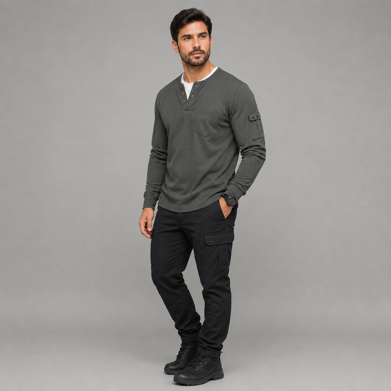 Men's Waffle Long Sleeve Henley Shirt – Casual Outdoor Utility Style