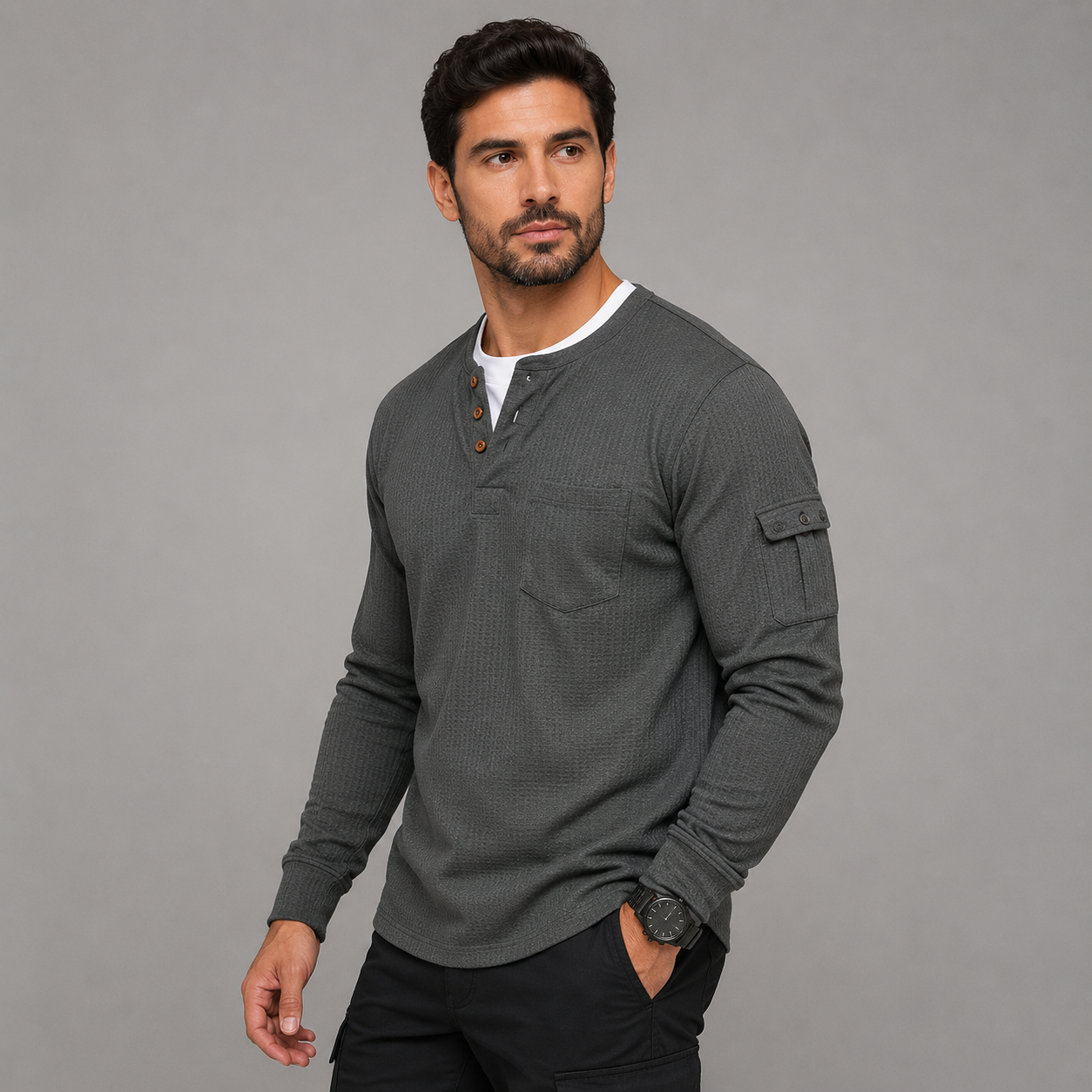 Men's Waffle Long Sleeve Henley Shirt – Casual Outdoor Utility Style