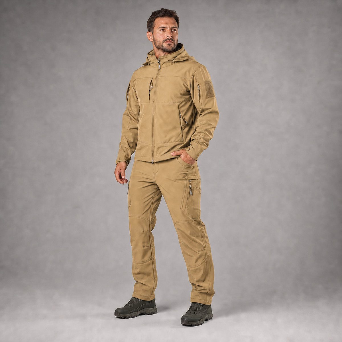 Men's Windproof Softshell Jacket & Utility Trousers Set