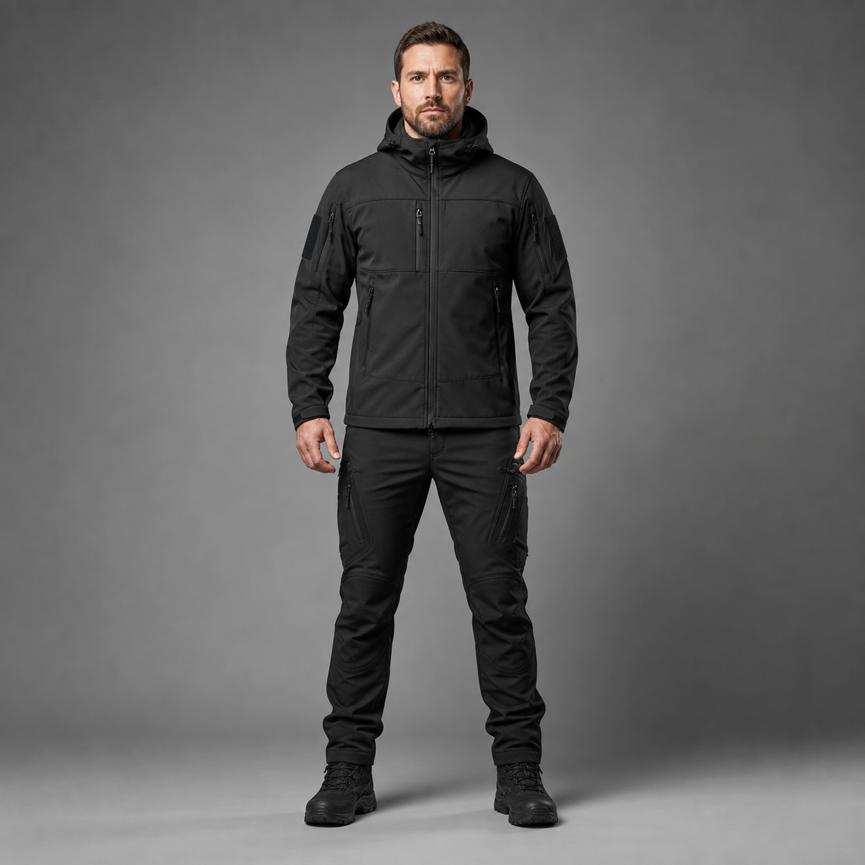 Man wearing black softshell jacket and utility trousers, full-body frontal studio view