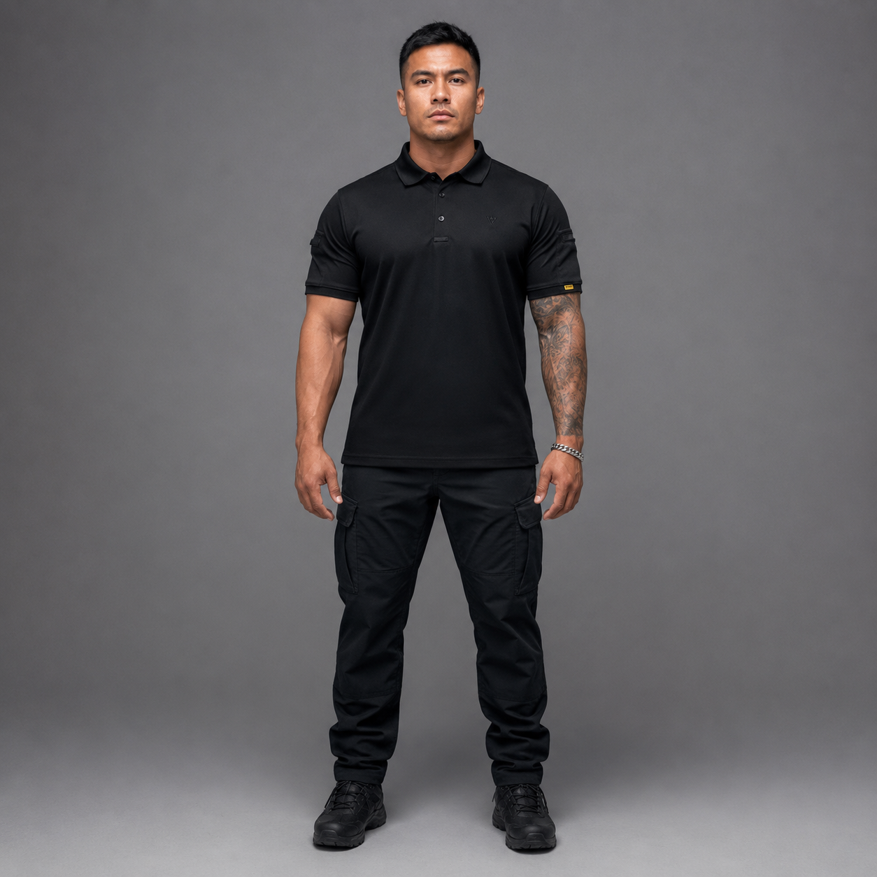 Black men’s quick-dry polo shirt, full-body front model view