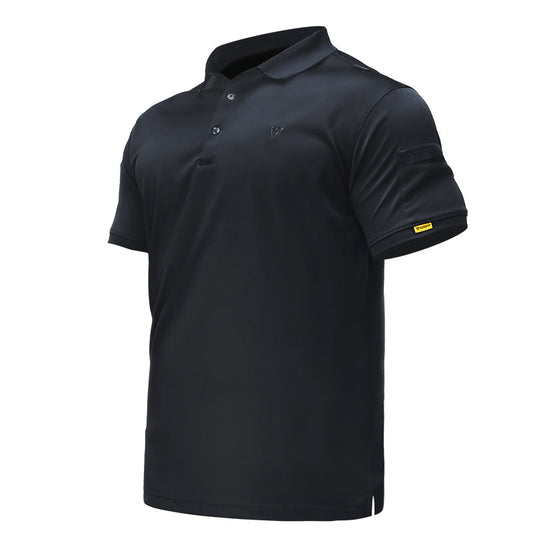 Black men’s quick-dry polo shirt, front three-quarter product view on white