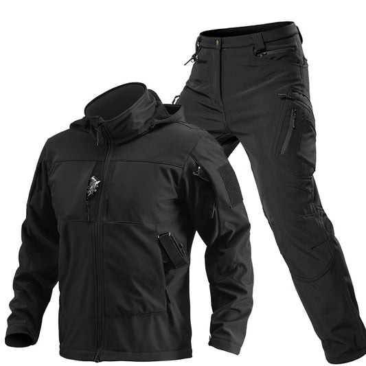 Men's black softshell jacket and matching utility trousers set, front product view on white
