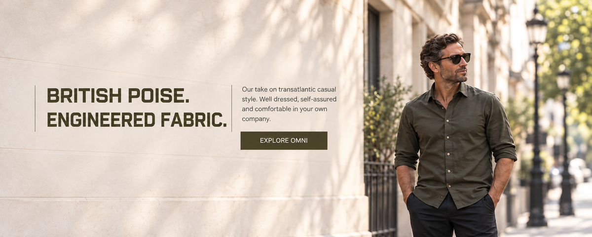 Man wearing considered casual menswear in a city street