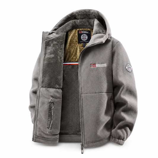 Gray men's thermal fleece jacket product view on white background