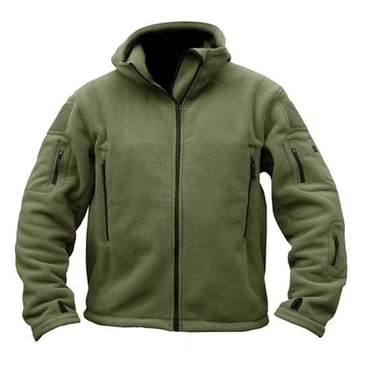Green men's tactical thermal fleece jacket front product view on white background
