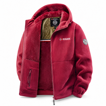 Red men's thermal fleece jacket product view on white background