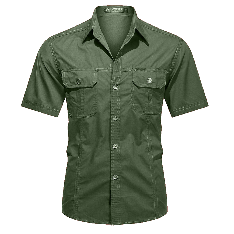 Men's military short sleeve shirt in Army Green, front view on white background