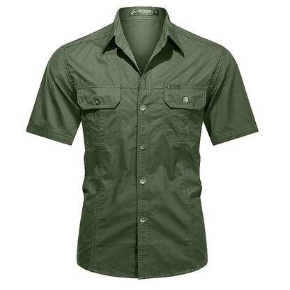 Men's military short sleeve shirt in Army Green, front view on white background