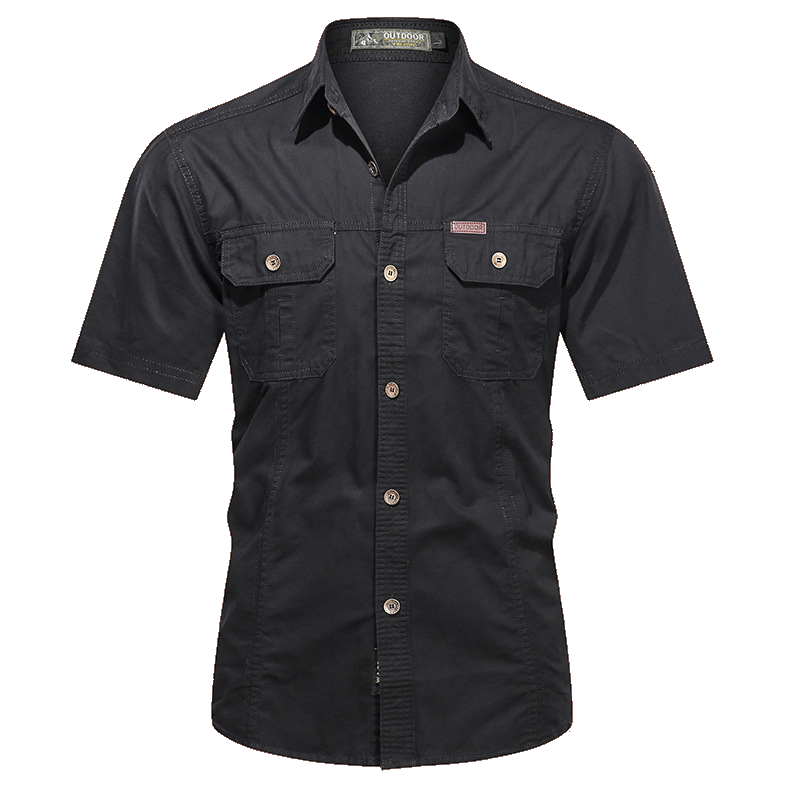 Men's military short sleeve shirt in Black, front view on white background
