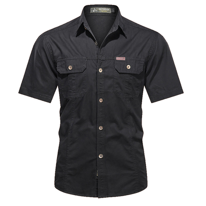 Men's military short sleeve shirt in Black, front view on white background