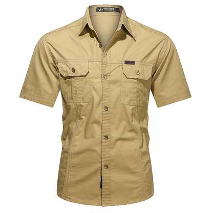 Men's military short sleeve shirt in Khaki, front view on white background
