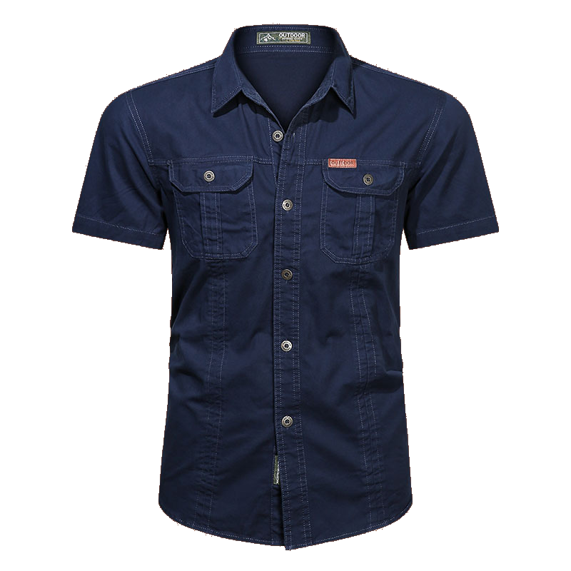Men's military short sleeve shirt in Navy Blue, front view on white background