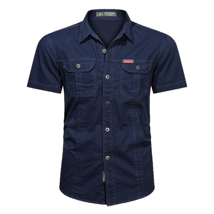 Men's military short sleeve shirt in Navy Blue, front view on white background