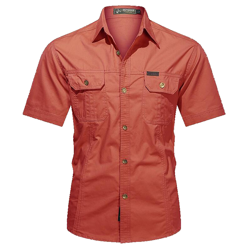 Men's military short sleeve shirt in Red, front view on white background