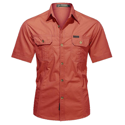 Men's military short sleeve shirt in Red, front view on white background