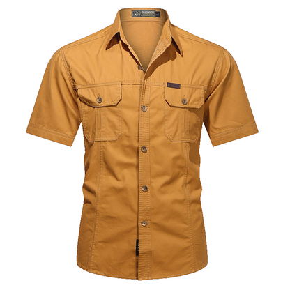 Men's military short sleeve shirt in Turmeric, front view on white background