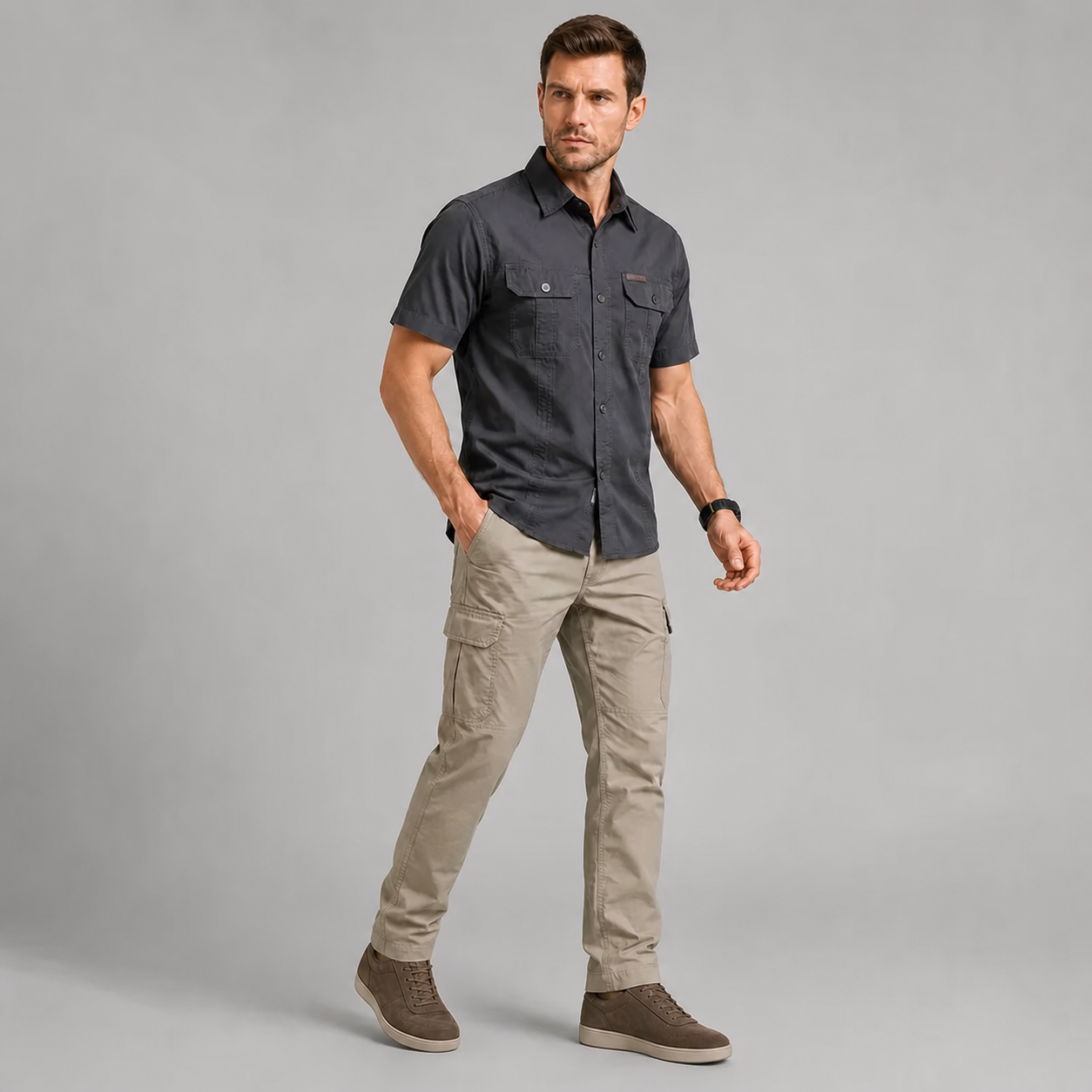Man wearing the Charcoal short sleeve utility shirt with beige cargo trousers and casual taupe sneakers