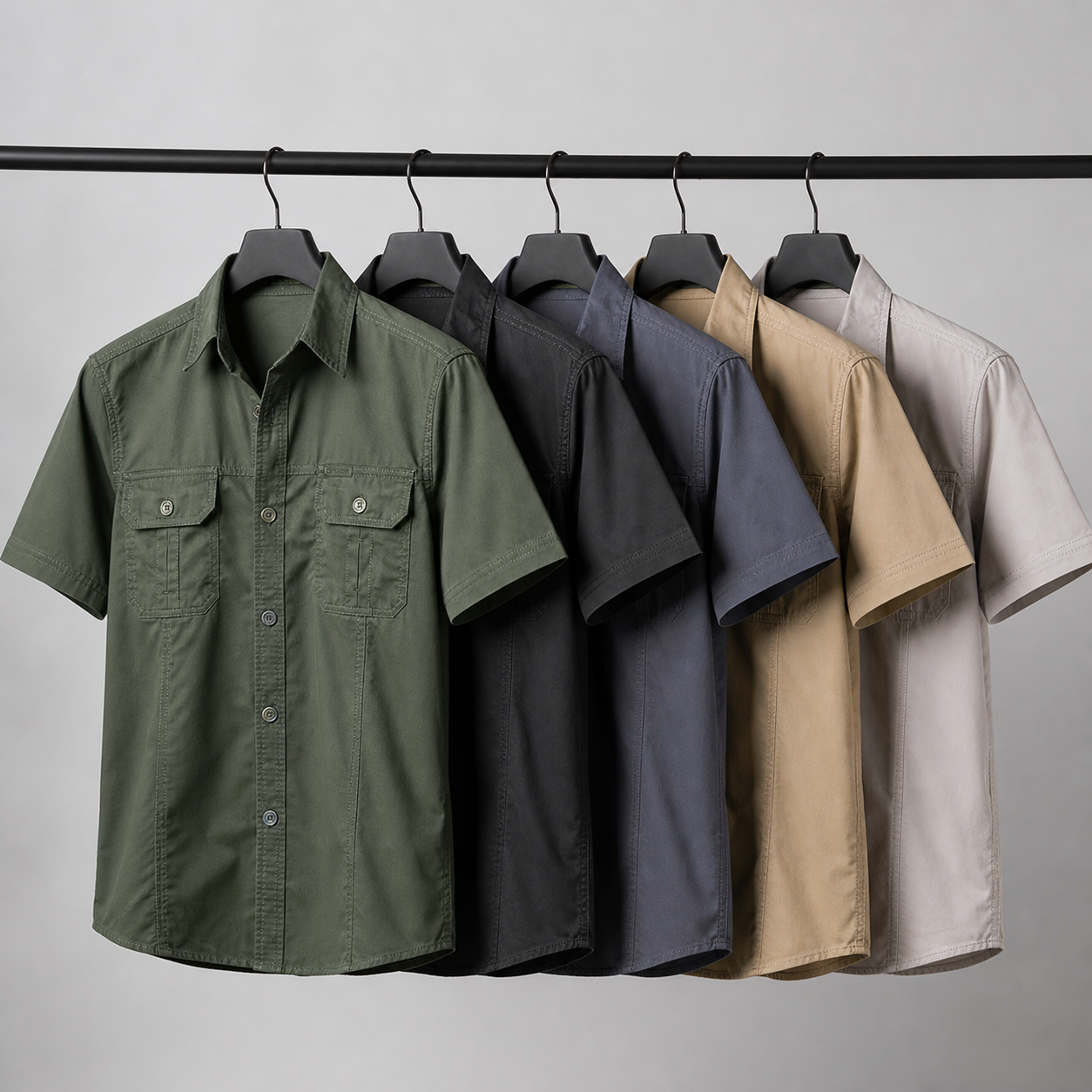Five Omni premium cotton utility shirts hanging in a clean studio