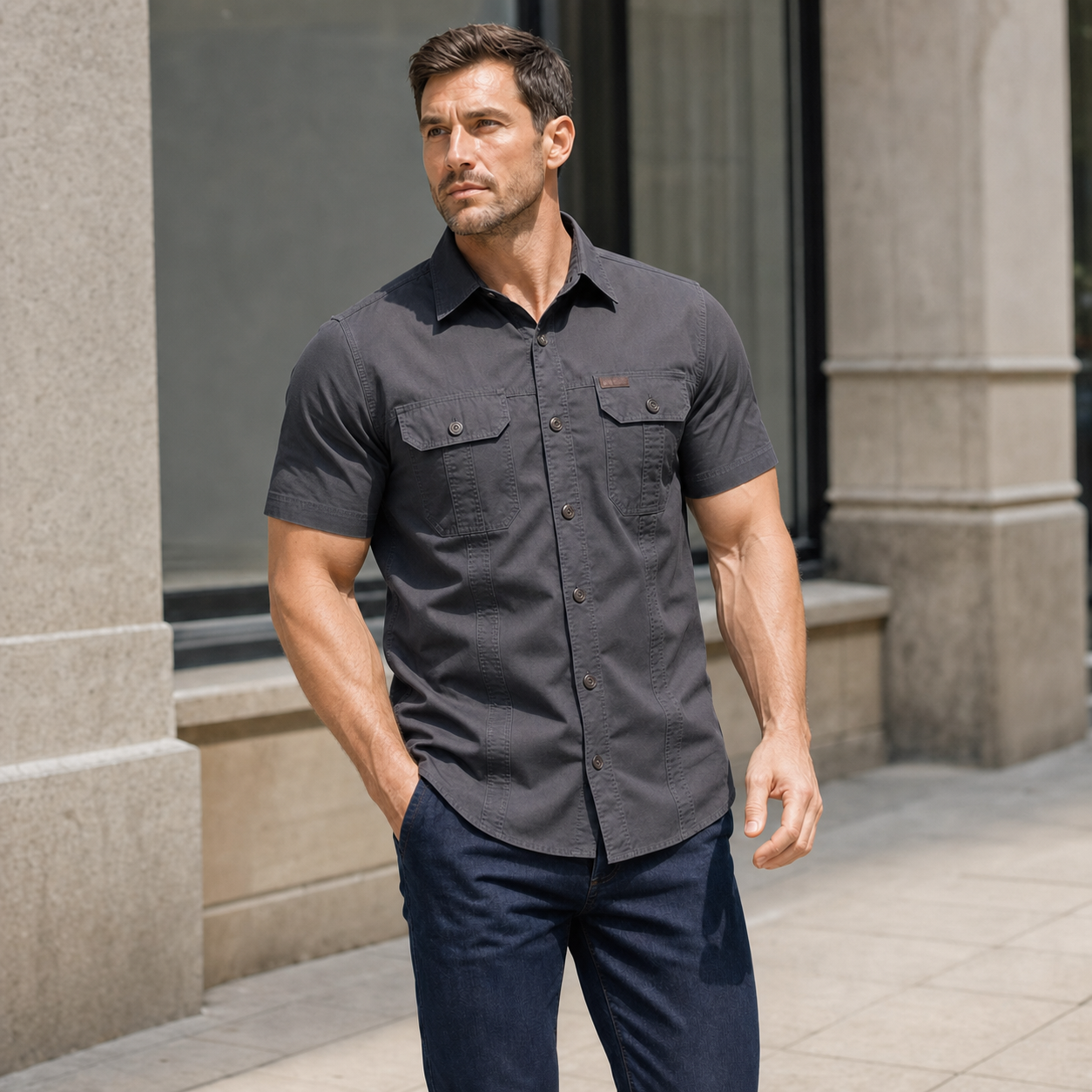 Muscular man wearing the black Omni utility shirt in an urban setting