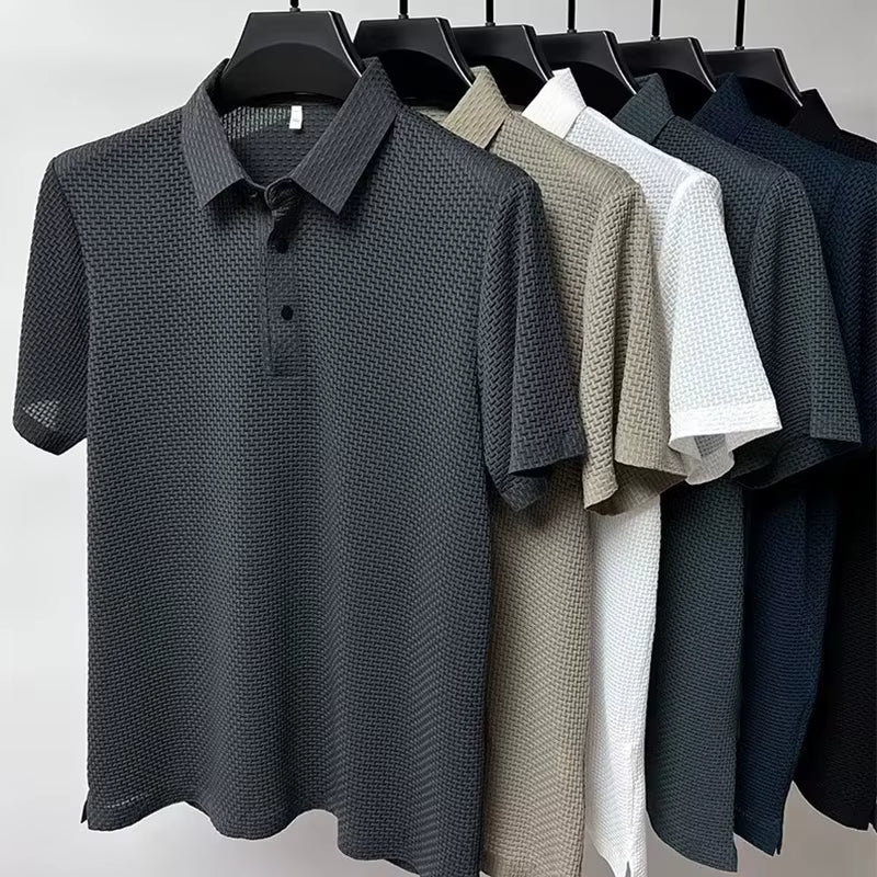 Close-up of the Omni polo shirt's interwoven textured fabric