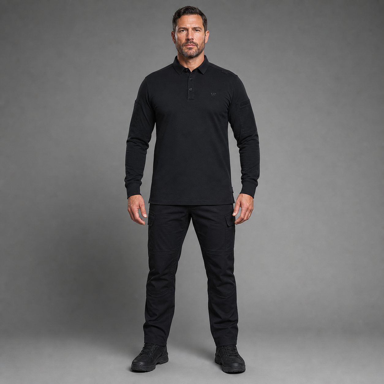 Black tactical polo, full-body front studio view