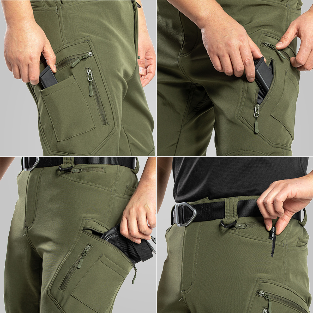 Four-panel grid showing the utility trouser storage pockets on a grey studio background